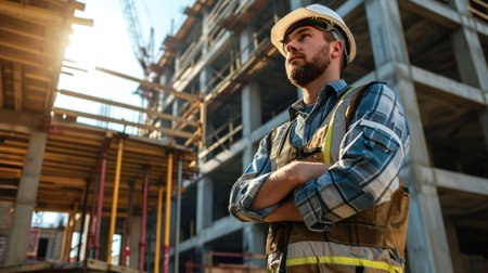 Portrait of a construction worker dressed in work uniform and wearing a hard hat. He is posing at his work site, a building under constructionの素材