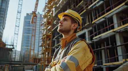 Portrait of a construction worker dressed in work uniform and wearing a hard hat. He is posing at his work site, a building under constructionの素材