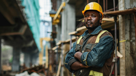 Portrait of a black construction worker dressed in work uniform and wearing a hard hat. He is posing at his work site, a building under constructionの素材