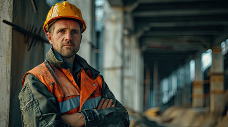 Portrait of a construction worker dressed in work uniform and wearing a hard hat. He is posing at his work site, a building under constructionの素材
