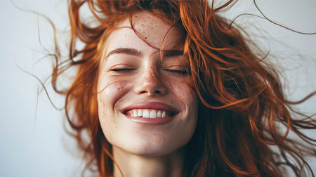 Portrait of young happy woman looks in camera on white backgroundの素材
