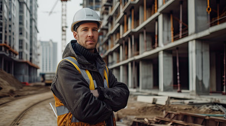Portrait of a construction worker dressed in work uniform and wearing a hard hat. He is posing at his work site, a building under constructionの素材
