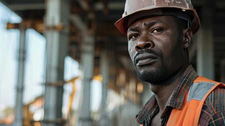 Portrait of a black construction worker dressed in work uniform and wearing a hard hat. He is posing at his work site, a building under constructionの素材