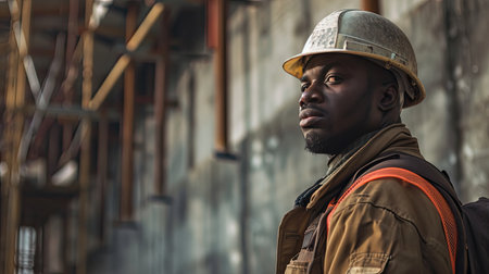 Portrait of a black construction worker dressed in work uniform and wearing a hard hat. He is posing at his work site, a building under constructionの素材
