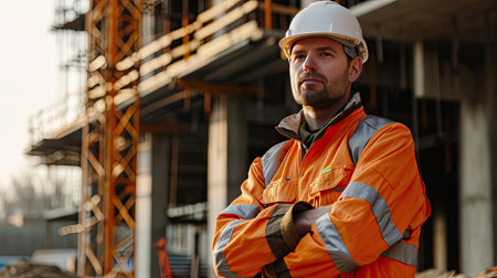 Portrait of a construction worker dressed in work uniform and wearing a hard hat. He is posing at his work site, a building under constructionの素材