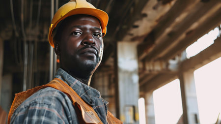 Portrait of a black construction worker dressed in work uniform and wearing a hard hat. He is posing at his work site, a building under constructionの素材