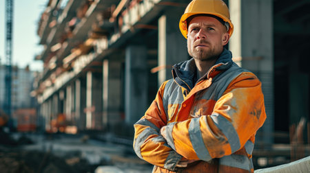 Portrait of a construction worker dressed in work uniform and wearing a hard hat. He is posing at his work site, a building under constructionの素材