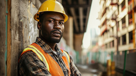 Portrait of a black construction worker dressed in work uniform and wearing a hard hat. He is posing at his work site, a building under constructionの素材
