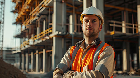 Portrait of a construction worker dressed in work uniform and wearing a hard hat. He is posing at his work site, a building under constructionの素材