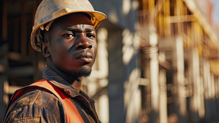 Portrait of a black construction worker dressed in work uniform and wearing a hard hat. He is posing at his work site, a building under constructionの素材