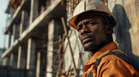 Portrait of a black construction worker dressed in work uniform and wearing a hard hat. He is posing at his work site, a building under constructionの素材