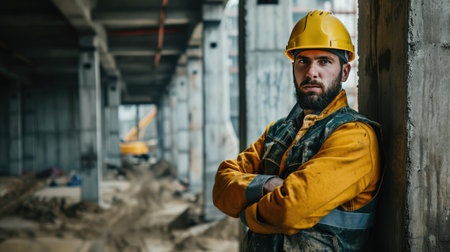 Portrait of a construction worker dressed in work uniform and wearing a hard hat. He is posing at his work site, a building under constructionの素材