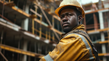 Portrait of a black construction worker dressed in work uniform and wearing a hard hat. He is posing at his work site, a building under constructionの素材