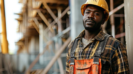 Portrait of a black construction worker dressed in work uniform and wearing a hard hat. He is posing at his work site, a building under constructionの素材