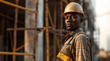 Portrait of a black construction worker dressed in work uniform and wearing a hard hat. He is posing at his work site, a building under constructionの素材