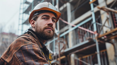 Portrait of a construction worker dressed in work uniform and wearing a hard hat. He is posing at his work site, a building under constructionの素材