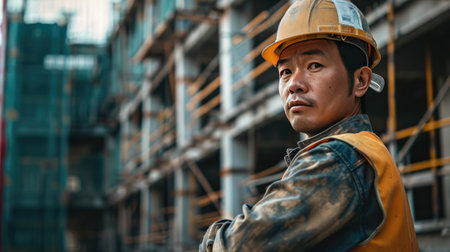 Portrait of an asian construction worker dressed in work uniform and wearing a hard hat. He is posing at his work site, a building under constructionの素材