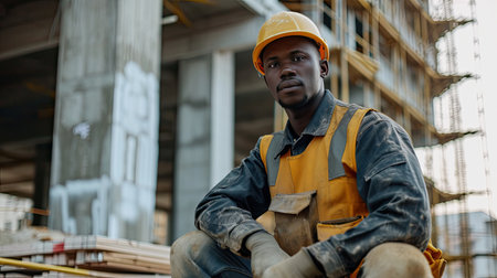 Portrait of a black construction worker dressed in work uniform and wearing a hard hat. He is posing at his work site, a building under constructionの素材