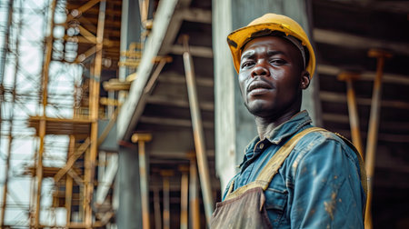 Portrait of a black construction worker dressed in work uniform and wearing a hard hat. He is posing at his work site, a building under constructionの素材