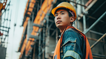 Portrait of an asian construction worker dressed in work uniform and wearing a hard hat. He is posing at his work site, a building under constructionの素材