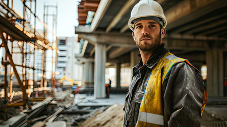 Portrait of a construction worker dressed in work uniform and wearing a hard hat. He is posing at his work site, a building under constructionの素材