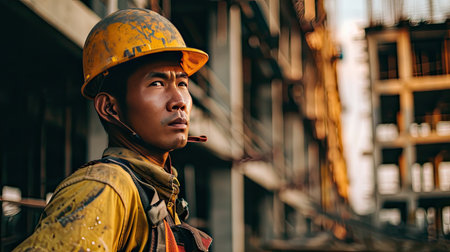 Portrait of an asian construction worker dressed in work uniform and wearing a hard hat. He is posing at his work site, a building under constructionの素材
