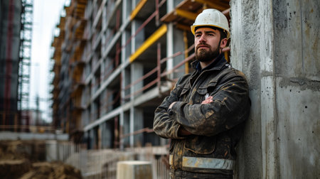 Portrait of a construction worker dressed in work uniform and wearing a hard hat. He is posing at his work site, a building under constructionの素材