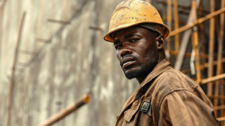 Portrait of a black construction worker dressed in work uniform and wearing a hard hat. He is posing at his work site, a building under constructionの素材