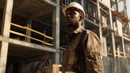 Portrait of a black construction worker dressed in work uniform and wearing a hard hat. He is posing at his work site, a building under constructionの素材