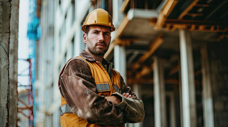 Portrait of a construction worker dressed in work uniform and wearing a hard hat. He is posing at his work site, a building under constructionの素材