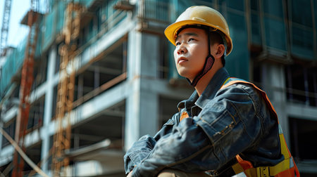 Portrait of an asian construction worker dressed in work uniform and wearing a hard hat. He is posing at his work site, a building under constructionの素材