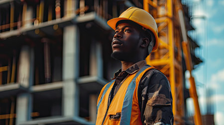 Portrait of a black construction worker dressed in work uniform and wearing a hard hat. He is posing at his work site, a building under constructionの素材