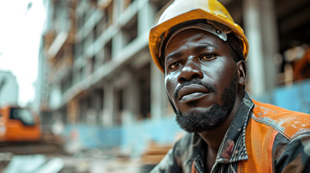 Portrait of a black construction worker dressed in work uniform and wearing a hard hat. He is posing at his work site, a building under constructionの素材