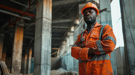 Portrait of a black construction worker dressed in work uniform and wearing a hard hat. He is posing at his work site, a building under constructionの素材