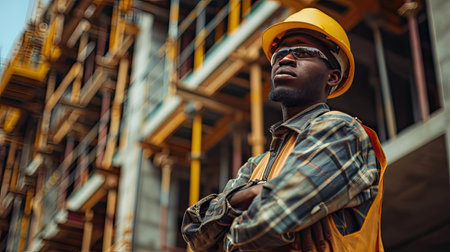 Portrait of a black construction worker dressed in work uniform and wearing a hard hat. He is posing at his work site, a building under constructionの素材