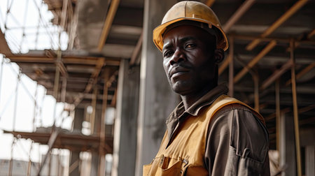 Portrait of a black construction worker dressed in work uniform and wearing a hard hat. He is posing at his work site, a building under constructionの素材