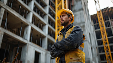 Portrait of a construction worker dressed in work uniform and wearing a hard hat. He is posing at his work site, a building under constructionの素材
