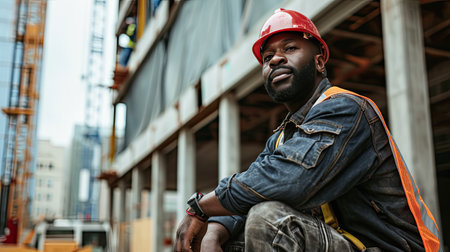 Portrait of a black construction worker dressed in work uniform and wearing a hard hat. He is posing at his work site, a building under constructionの素材