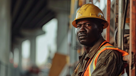Portrait of a black construction worker dressed in work uniform and wearing a hard hat. He is posing at his work site, a building under constructionの素材