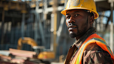 Portrait of a black construction worker dressed in work uniform and wearing a hard hat. He is posing at his work site, a building under constructionの素材