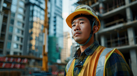 Portrait of an asian construction worker dressed in work uniform and wearing a hard hat. He is posing at his work site, a building under constructionの素材