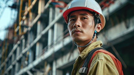 Portrait of an asian construction worker dressed in work uniform and wearing a hard hat. He is posing at his work site, a building under constructionの素材