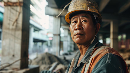 Portrait of an asian construction worker dressed in work uniform and wearing a hard hat. He is posing at his work site, a building under constructionの素材