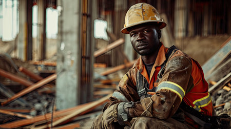 Portrait of a black construction worker dressed in work uniform and wearing a hard hat. He is posing at his work site, a building under constructionの素材
