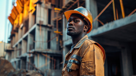 Portrait of a black construction worker dressed in work uniform and wearing a hard hat. He is posing at his work site, a building under constructionの素材