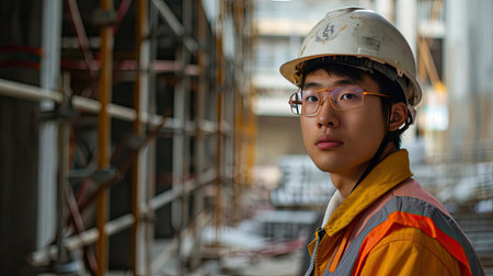 Portrait of an asian construction worker dressed in work uniform and wearing a hard hat. He is posing at his work site, a building under constructionの素材