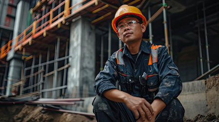 Portrait of an asian construction worker dressed in work uniform and wearing a hard hat. He is posing at his work site, a building under constructionの素材
