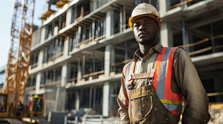 Portrait of a black construction worker dressed in work uniform and wearing a hard hat. He is posing at his work site, a building under constructionの素材