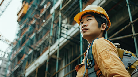 Portrait of an asian construction worker dressed in work uniform and wearing a hard hat. He is posing at his work site, a building under constructionの素材