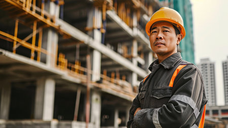 Portrait of an asian construction worker dressed in work uniform and wearing a hard hat. He is posing at his work site, a building under constructionの素材